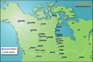 Map showing locations of sites used to calculate 'auroral' index and 'polar' index.